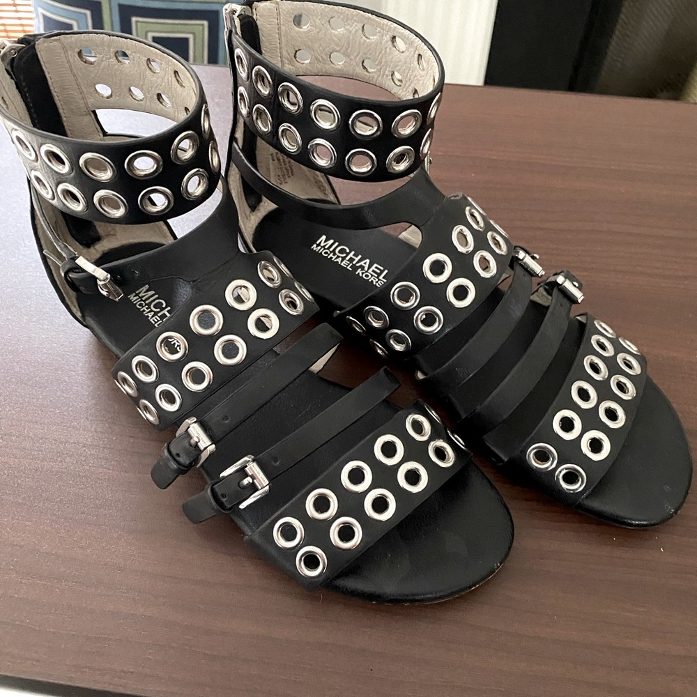 Michael Kors Black Edgy Sandals with Metallic Detailing
